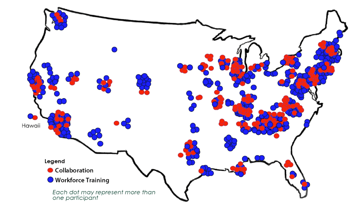 DOE-outreach-img Geographical Distribution of Our US Collaborations and Workforce Trainees between March 2022 and March 2025