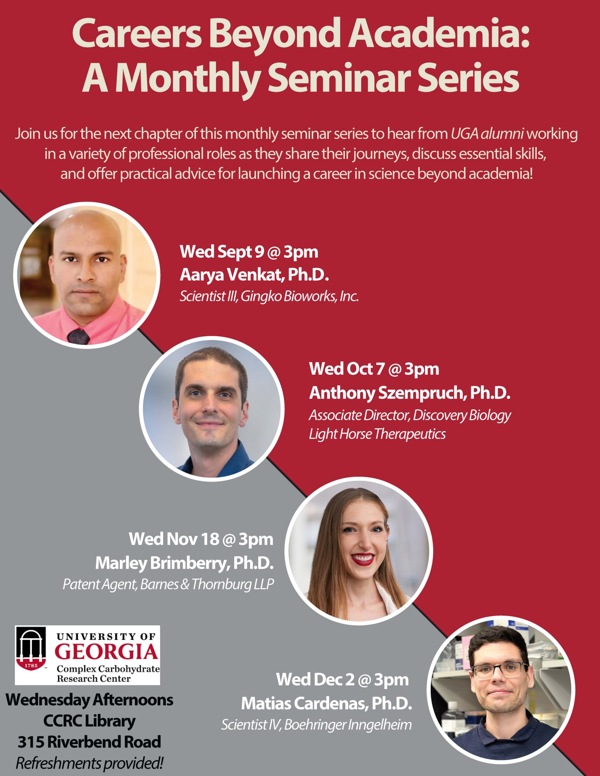 Flyer for a University of Georgia seminar series featuring UGA alumni discussing non-academic science careers, with event dates, speakers, and seminar details listed on a red background.